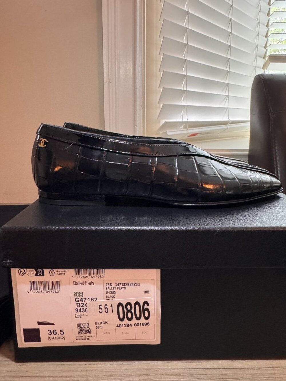 Chanel Croc Embossed Ballet Flats Black Patent Calfskin 36.5 SS26 Blazy - Picture 5 of 11